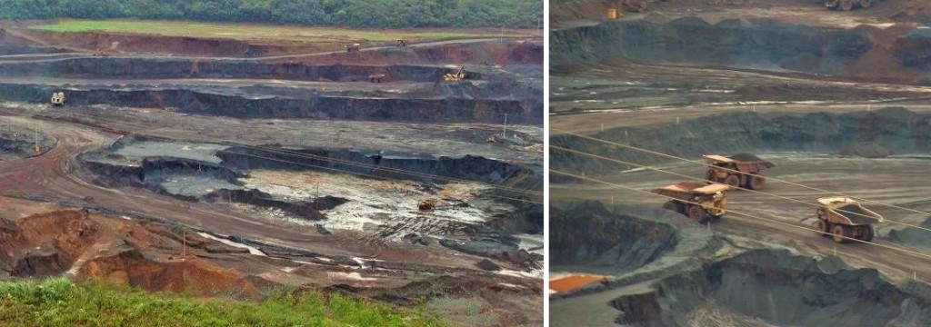 Mina de Carajás, no Pará, de onde é extraído o ferro exportado pelo Brasil. No detalhe, caminhões de 6,5 metros de altura, mais de 8 metros de largura e 13 metros de comprimento, que de longe parecem mal aparecem na imagem. Foto: Daniel Santini