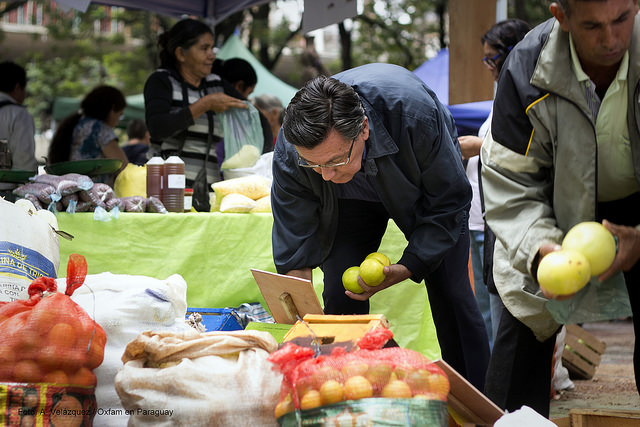 Consumidor eligiendo frutas durante feria agroecológica en Asunción. Foto: Oxfam